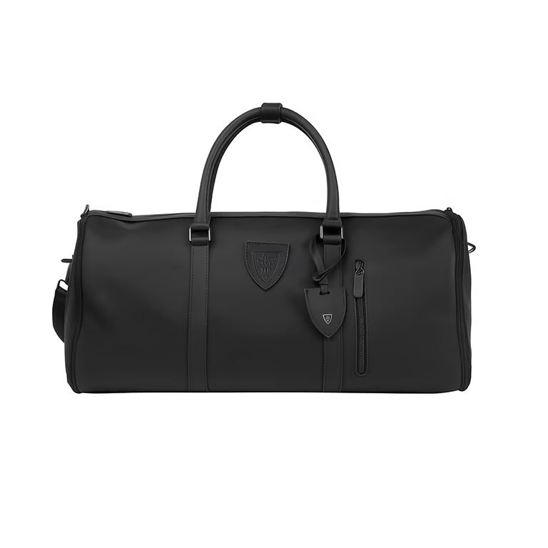 ZAP EG garment bag hanging open showing interior compartments for storing suits, dresses, and clothing on a clothing rack.
