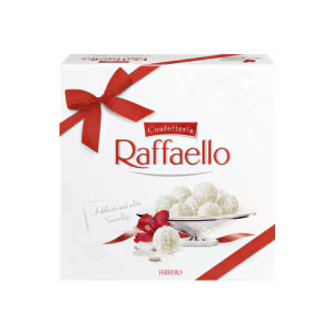 Carrefour Raffaelo chocolate with coconut and almond, arranged in a decorative box.