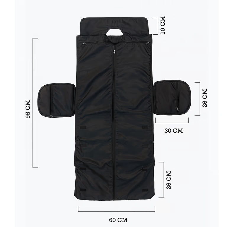 ZAP EG garment bags hanging on a closet rod, made of durable fabric, designed for protecting clothes during travel and storage.