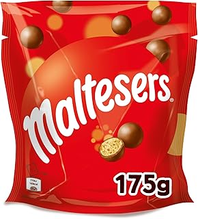 Maltesers chocolate candies in a bag, featuring round, malted milk balls coated in smooth chocolate.