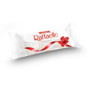 Delicious Raffaelo chocolate from Carrefour, featuring a creamy coconut coating and a whole almond center.