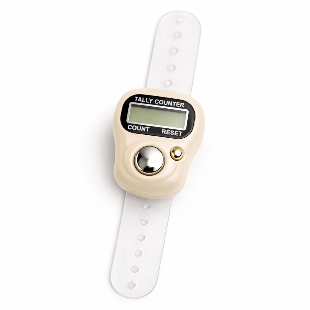 Givana digital Tasbih finger counter showing a sleek black device with a digital display and ergonomic design for prayer counting.