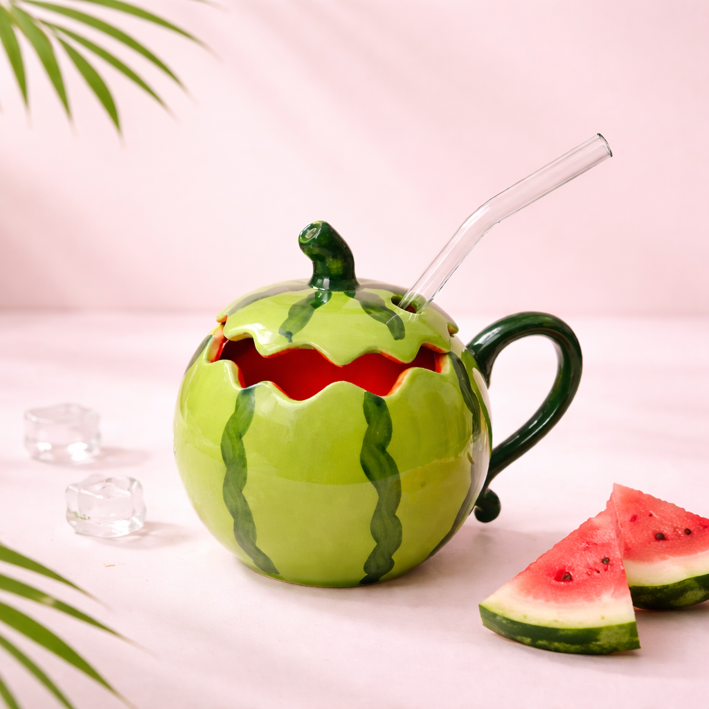 Givana Melon Mood Mug with vibrant watermelon design, ceramic coffee cup featuring a playful, colorful fruit pattern and cheerful style.