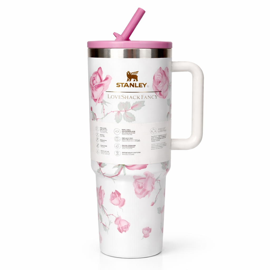 Givana Stanley Rose Luxe no-spill tumbler with a pink floral design, 100% leakproof and made of durable, premium-quality material.
