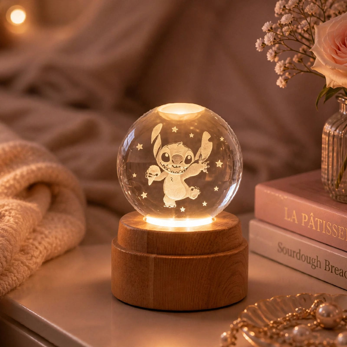 Rotating Stitch Holding Ice Cream Crystal Ball Night Light