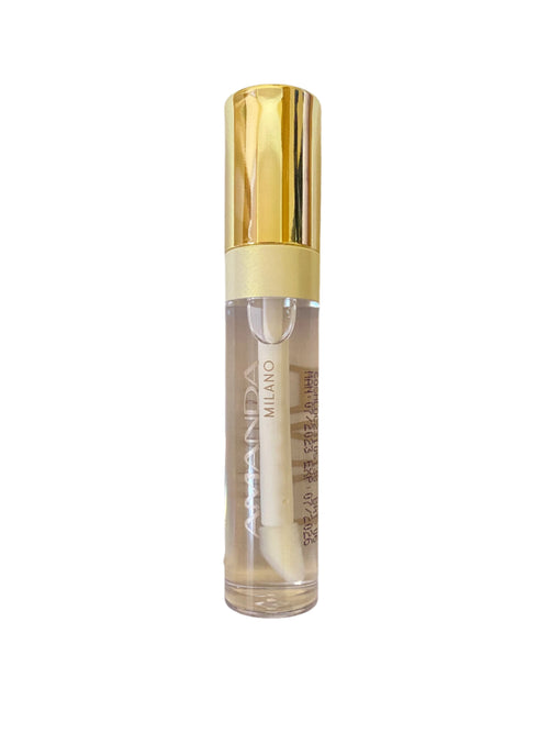 Givana Amanda Diva Lip Gloss in clear tube with pink cap, shown with glossy lips and makeup background.
