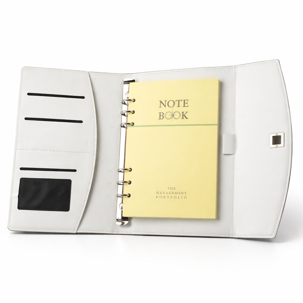 Givana professional leather executive organizer notebook with pen holder and multiple document slots on a sleek black cover.