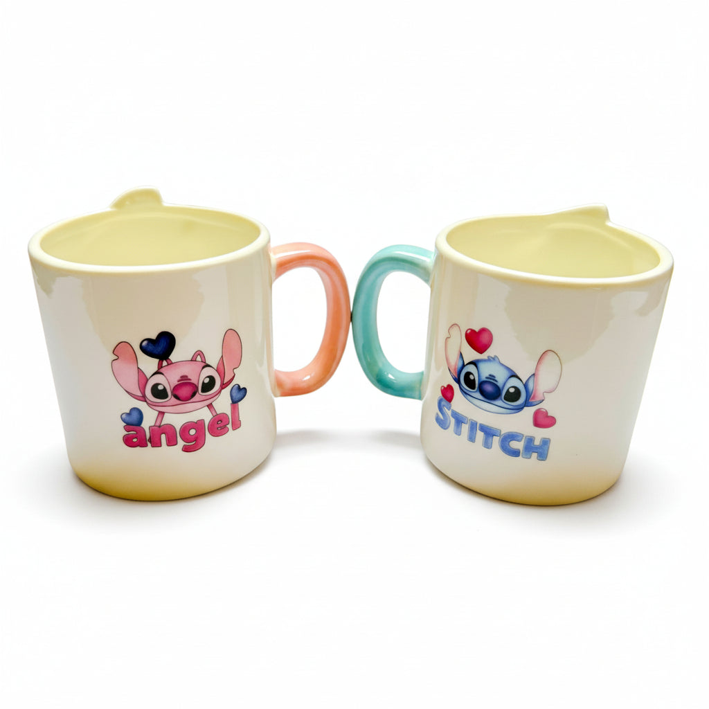 Givana Stitch & Angel couples mug set featuring two ceramic mugs with themed character designs on white background
