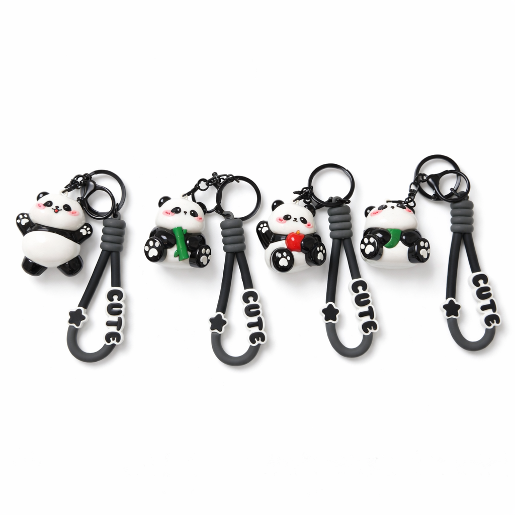 Givana Panda Pop keychain featuring four cute panda designs, made of colorful, soft plastic with detailed panda faces.