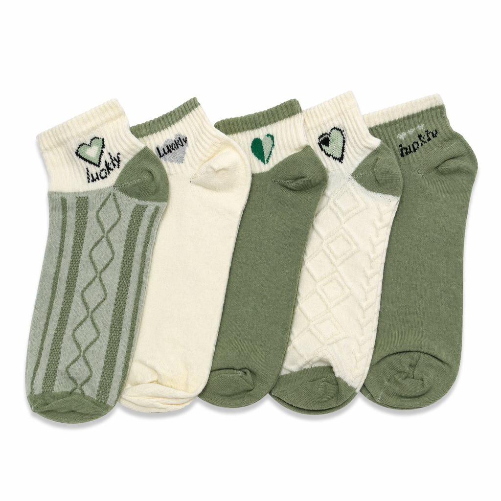 Lucky Mood Socks by Givana featuring five colorful designs with cheerful, playful patterns and vibrant green accents.