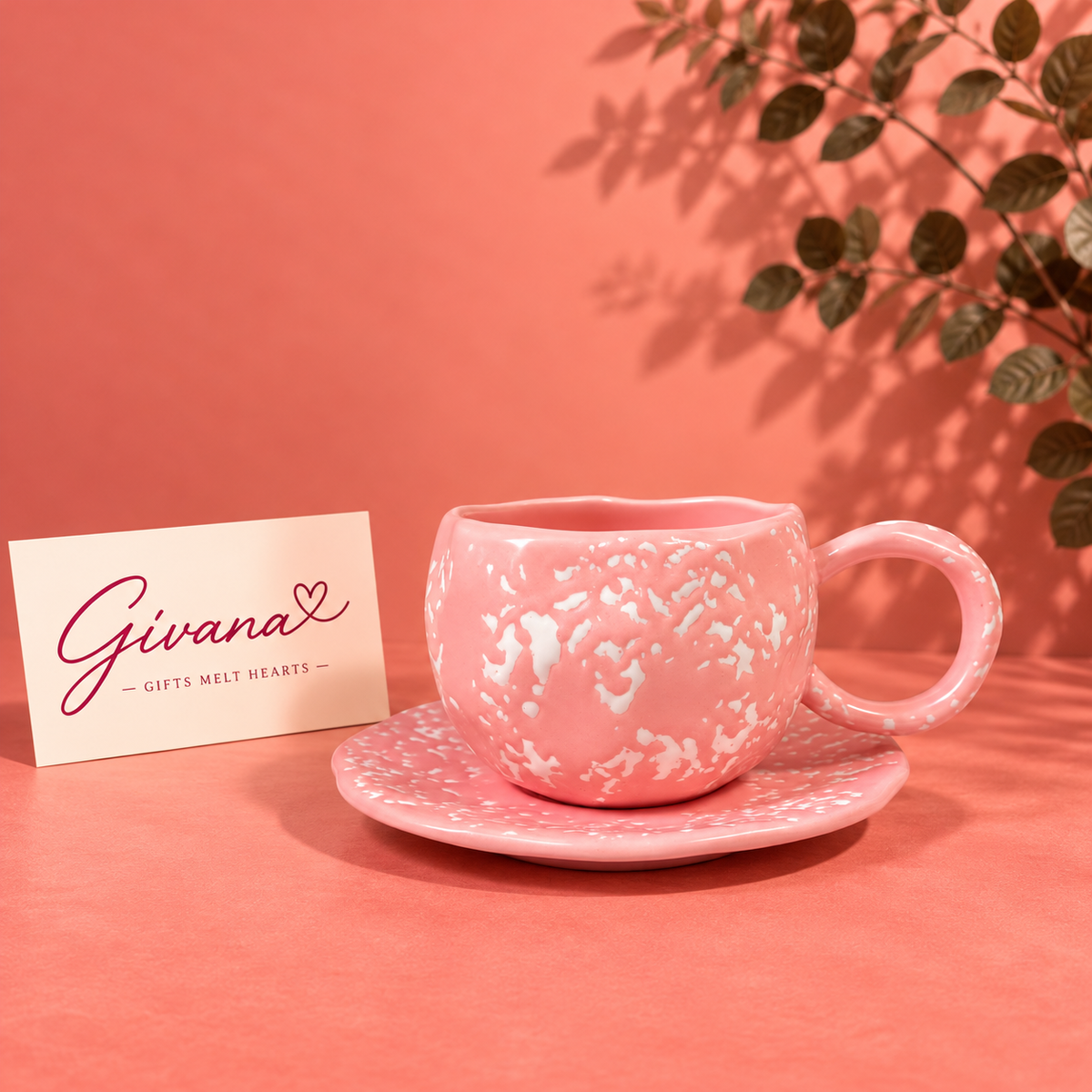 Pink Speckled Coffee Mug with Saucer 💗