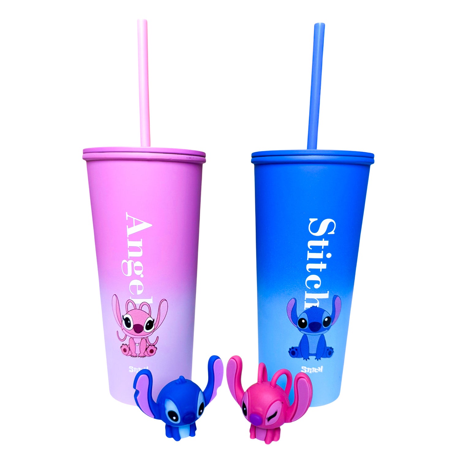Stitch & Angel stainless steel tumbler by Givana featuring a 3D character straw and colorful cartoon design.