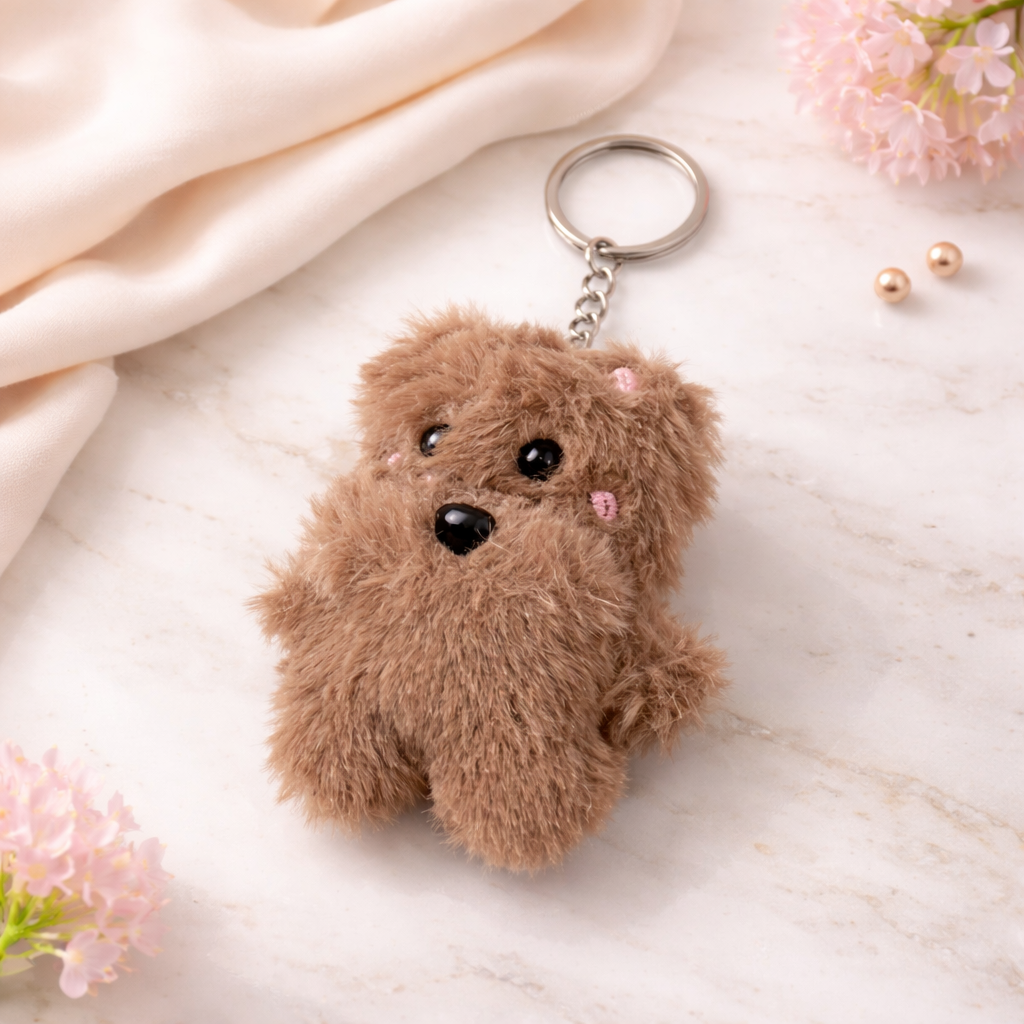 Givana puppy keychain in white and brown with a cute dog design, perfect for keys or bags, featuring a detailed, playful appearance.