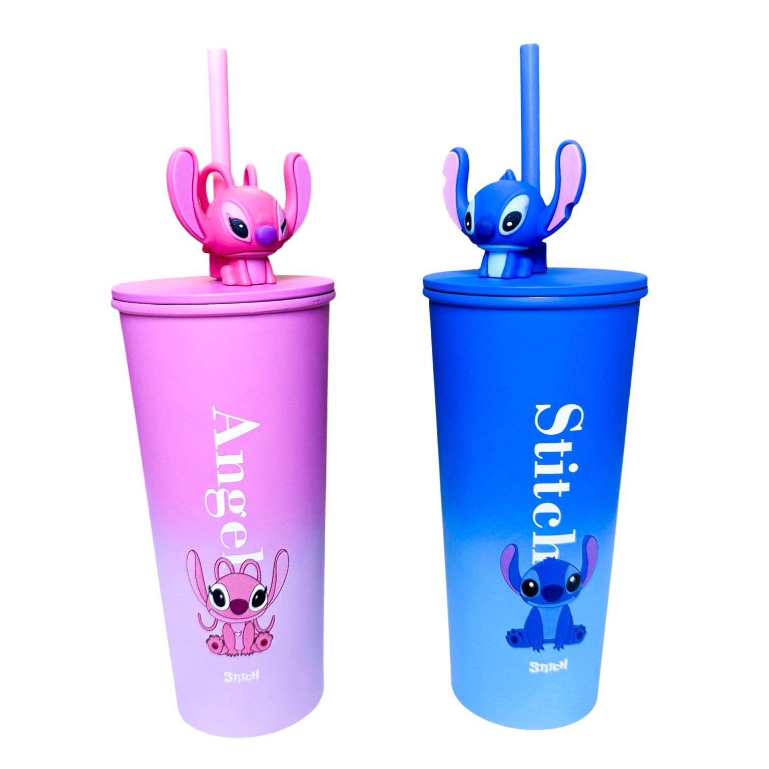 Givana Stitch & Angel stainless steel tumbler with 3D character straw, featuring colorful cartoon character design and durable build.