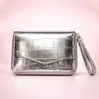 Givana Croco Shine Zip Wallet in black with silver zipper and textured crocodile pattern, featuring a ribbon detail.