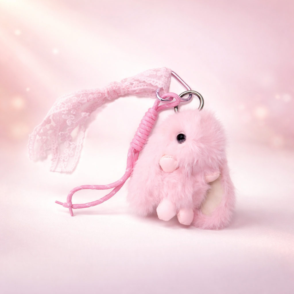 Pink and white fluffy bunny keychain from Givana featuring soft plush material and adorable bunny face design.
