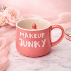 Givana MAKEUP JUNKY mug with bold statement design and pink lipstick graphic, perfect for makeup lovers.