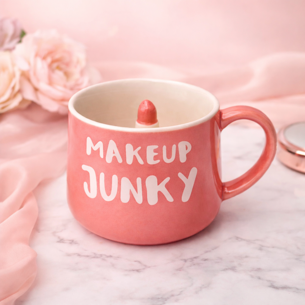 Givana MAKEUP JUNKY mug with bold statement design and pink lipstick graphic, perfect for makeup lovers.