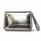Givana metallic croc zipper wallet with textured finish, compact design, and silver-tone zipper closure.