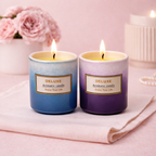 Givana DELUXE Aromatic Candle in two shades, showcasing a lit candle with a decorative glass holder and warm glow.