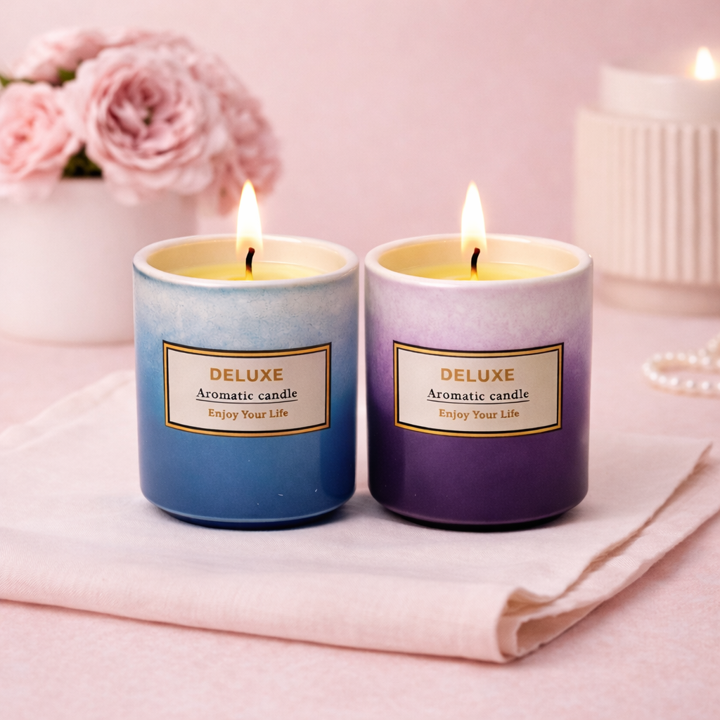 Givana DELUXE Aromatic Candle in two shades, showcasing a lit candle with a decorative glass holder and warm glow.