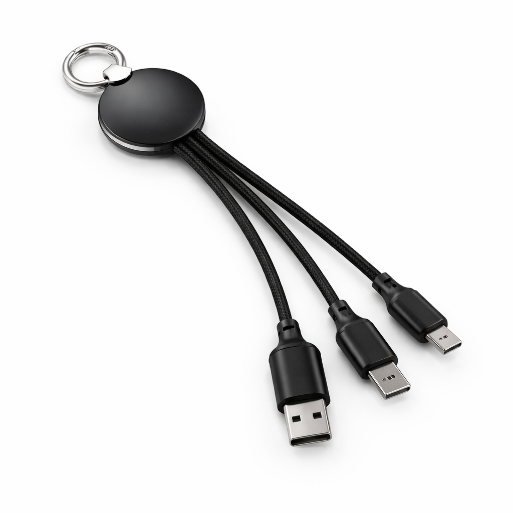 Givana 3-in-1 multi-charging cable keychain with compact design, featuring multiple USB connectors for versatile device charging.