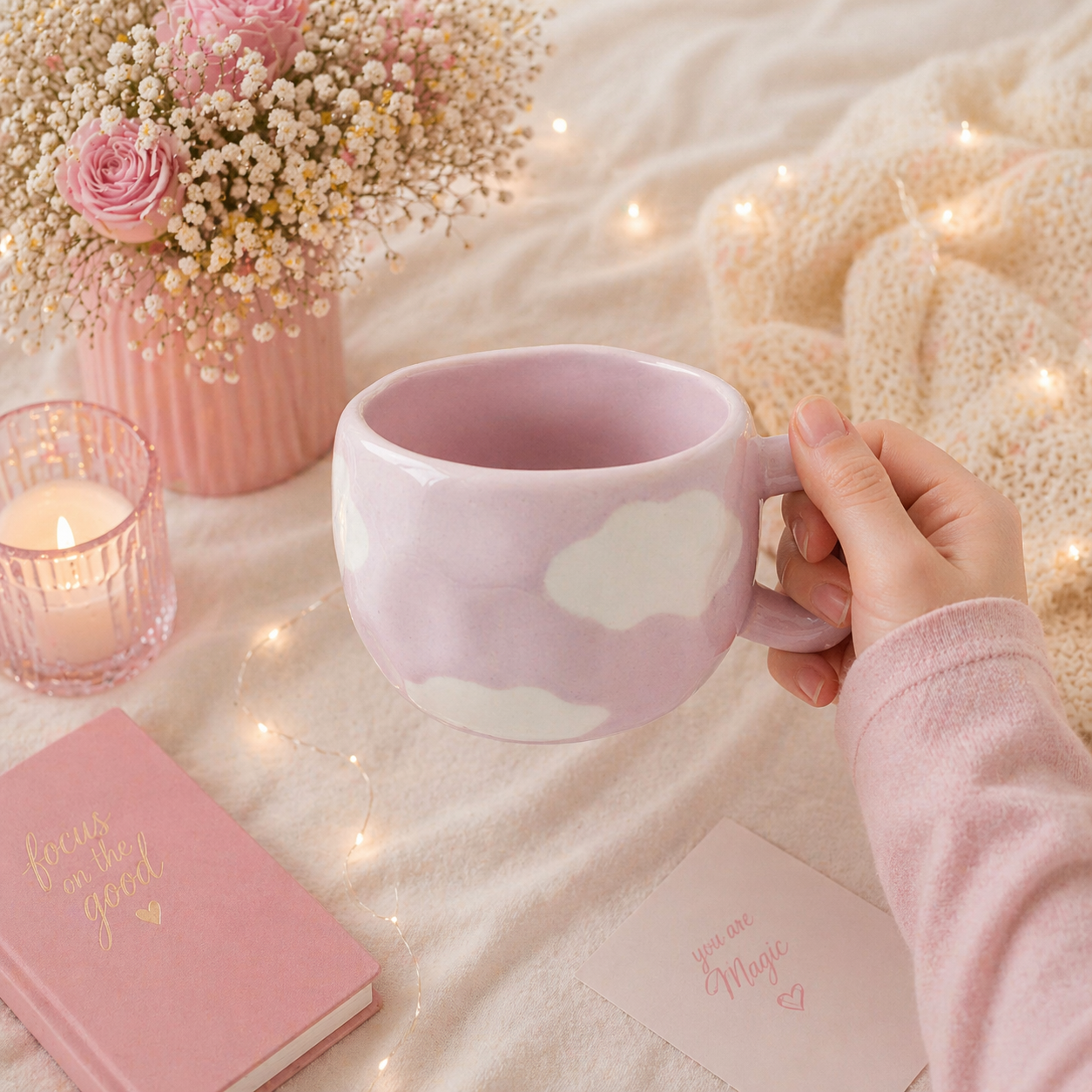 Givana Cloudy Dreams mug in white with cloud and star design, featuring pink accents, available in five colors.