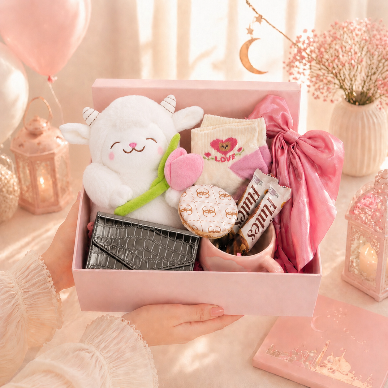 Medium:
Eid Sweet Glow Box – Medium Size | 8 Gifts Inside | Assorted Colors 🌸🎀