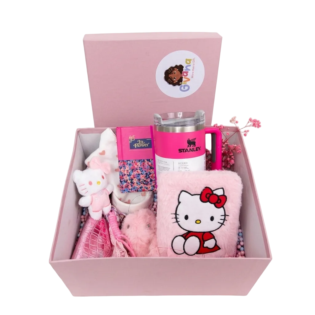 Pink gift box with "Kitty" design from Givana, featuring a cute feline illustration and decorative ribbon for special occasions.