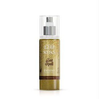 Givana EVA SENSES Shimmer Body Splash Gold Spell in 150ml bottle with gold accents and a luxurious design.