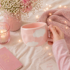 Givana Cloudy Dreams mug in white with cloud and star design, featured in a cozy setting with five color options visible.