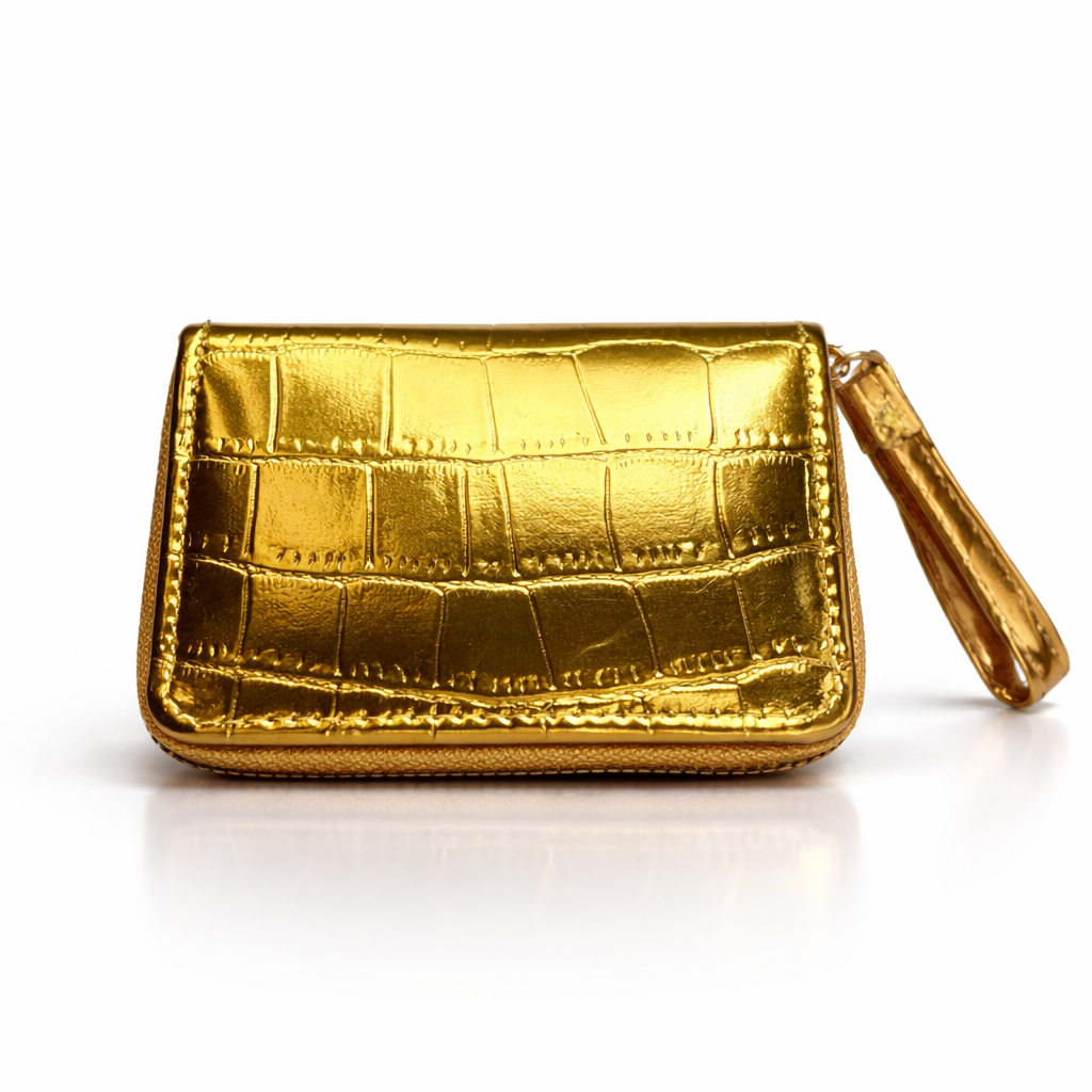 Givana metallic croc zipper wallet with textured croc pattern and silver zipper closure, compact and stylish accessory.