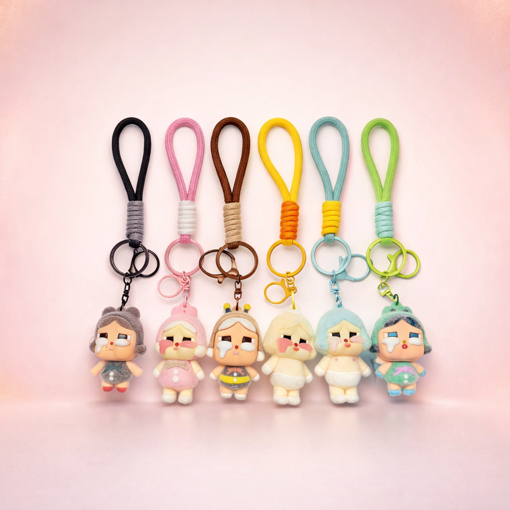 Colorful Crybaby Cuties keychain by Givana featuring adorable baby face design in six vibrant colors.