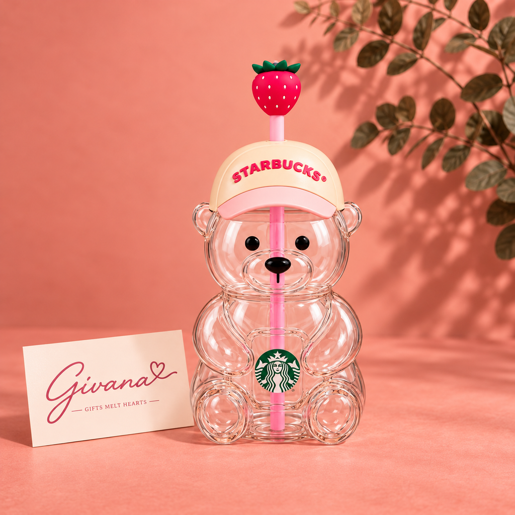 Cute Bear Strawberry Tumbler with Straw