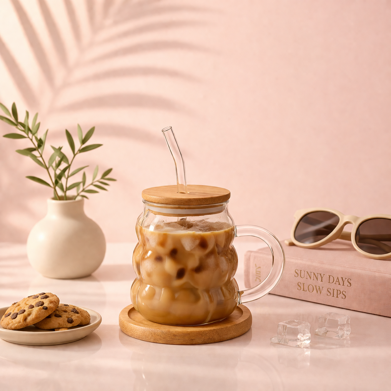 Givana Cozy Bubble Cup and Coaster Set featuring a white bubble-patterned ceramic mug and matching coaster on a wooden surface.