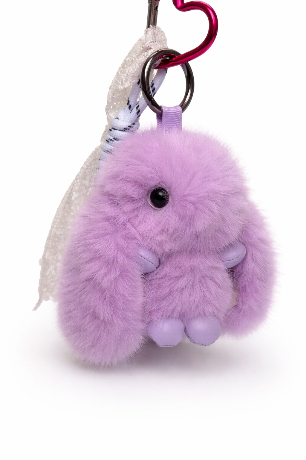 Pink and white fluffy bunny keychain by Givana, featuring soft, plush material with cute bunny ears and facial details.
