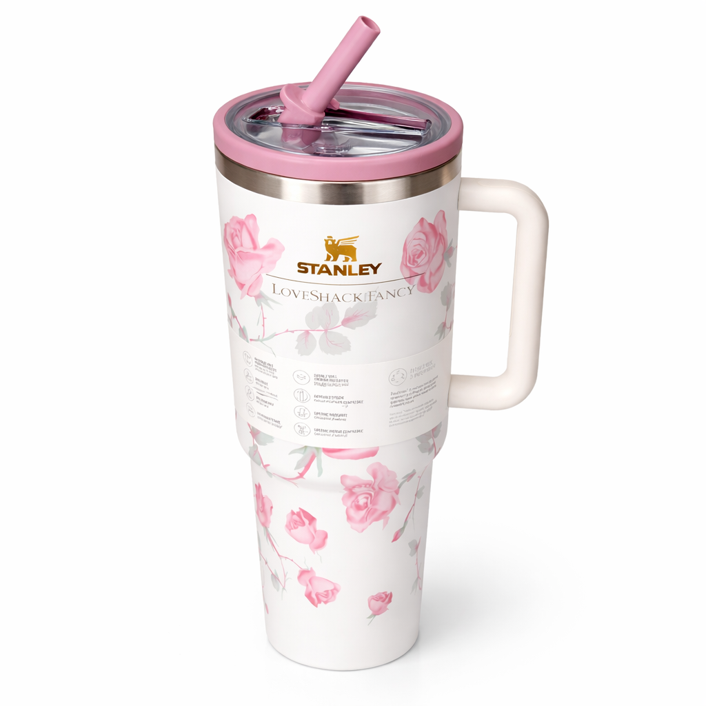 Givana Stanley Rose Luxe No-Spill Tumbler with leakproof lid and pink rose design, made from durable, premium quality materials.