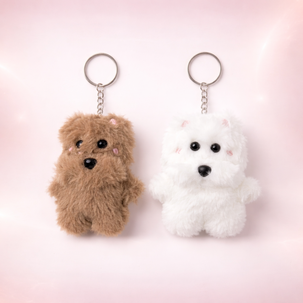 Givana puppy keychain in white and brown with a cute dog design, perfect for keys or bags.