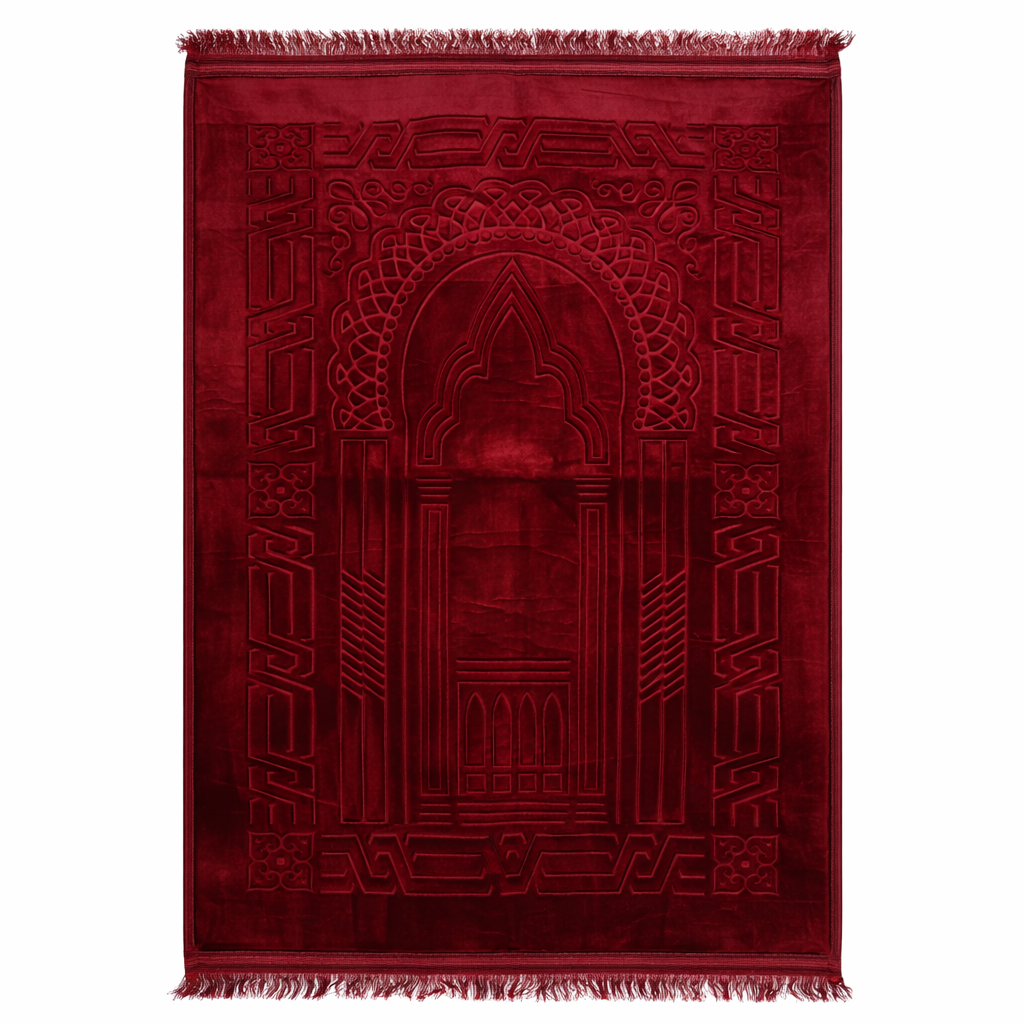 Dark red Givana prayer mat with intricate patterns, traditional design, and soft fabric suitable for daily prayer or meditation.