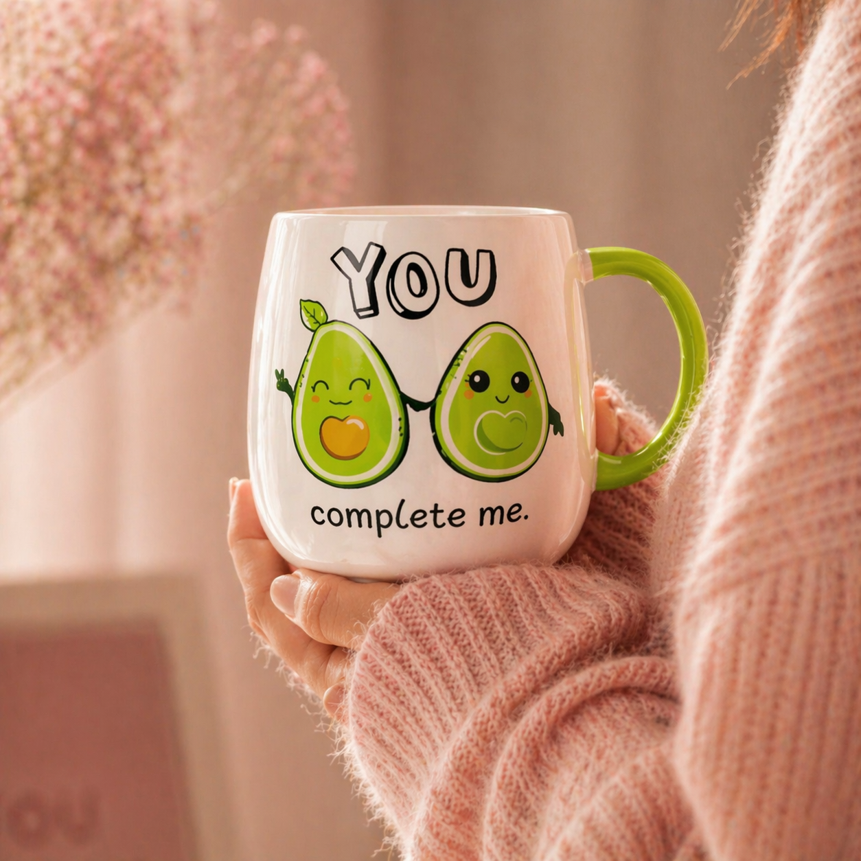 Givana You Complete Me mug with green heart and sparkle design, ceramic coffee mug for loved ones.