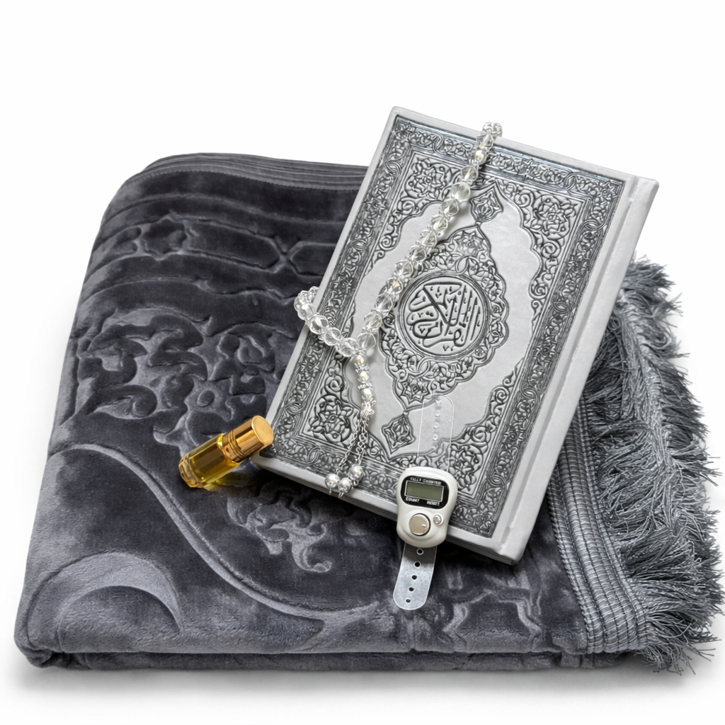Gray Islamic gift box by Givana with intricate Arabic patterns and a decorative lid, designed for special religious occasions.