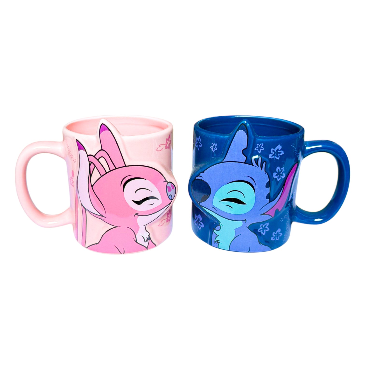 Disney Stitch & Angel couple mug set by Givana, featuring colorful cartoon characters on white ceramic mugs.