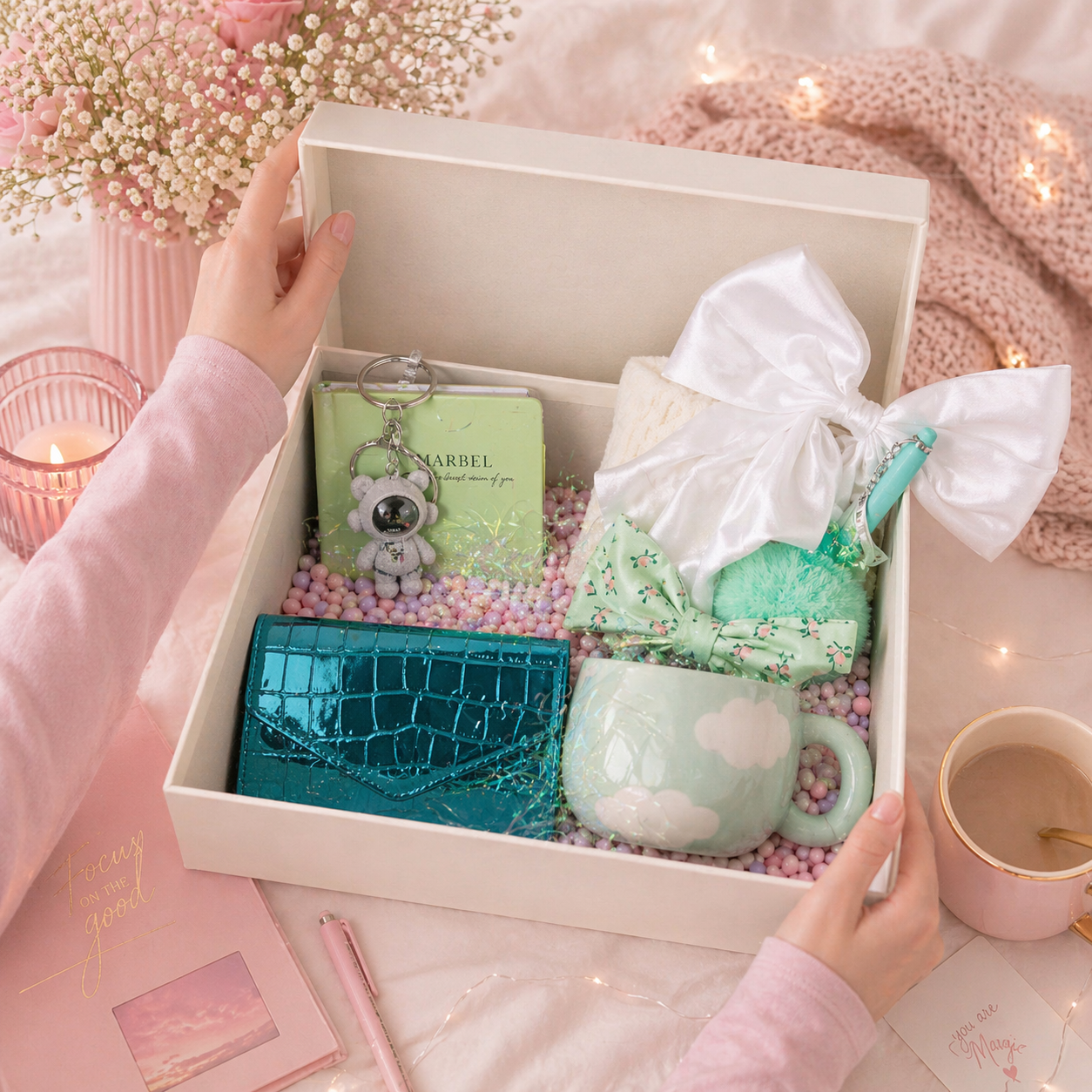 Mint green gift box labeled "Lovers" with 8 surprise compartments, showcasing a thoughtful gift from Givana.