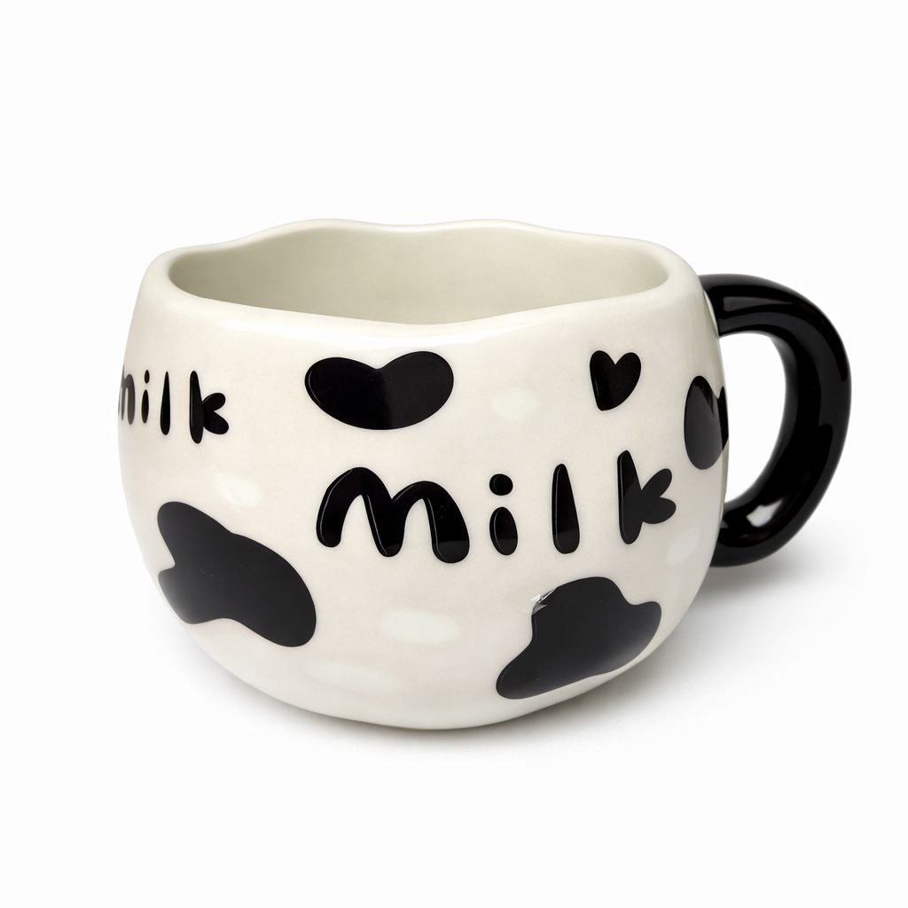Givana SHEIN cow pattern ceramic mug with black and white cow spots, round handle, and glossy finish on white background.