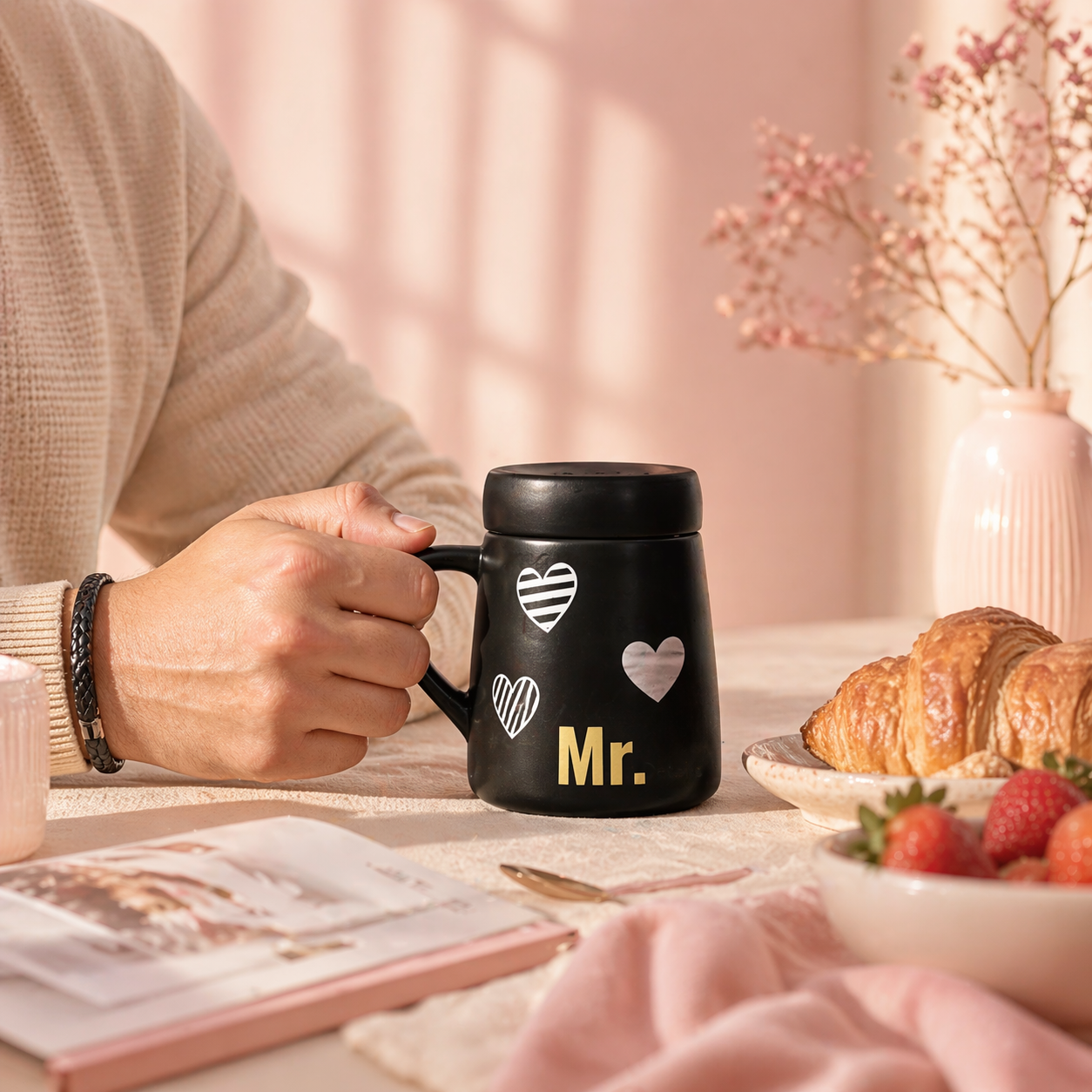 Black Mr. Mirror Lid Mug by Givana featuring a sleek design and a matching lid, perfect for stylish coffee or tea enjoyment.