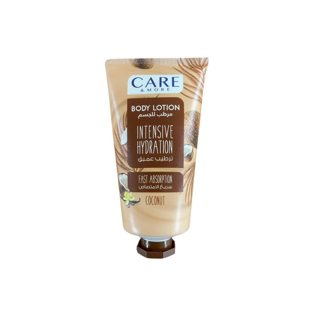CARE & MORE coconut body lotion in a 150ml bottle, fast absorption formula, suitable for moisturizing and nourishing skin.
