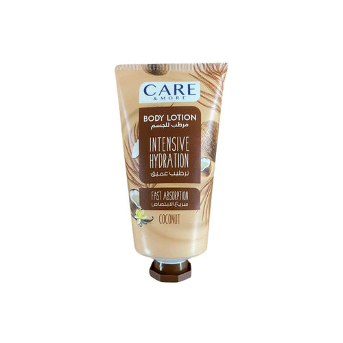 CARE & MORE coconut body lotion in a 150ml bottle, fast absorption formula, suitable for moisturizing and nourishing skin.