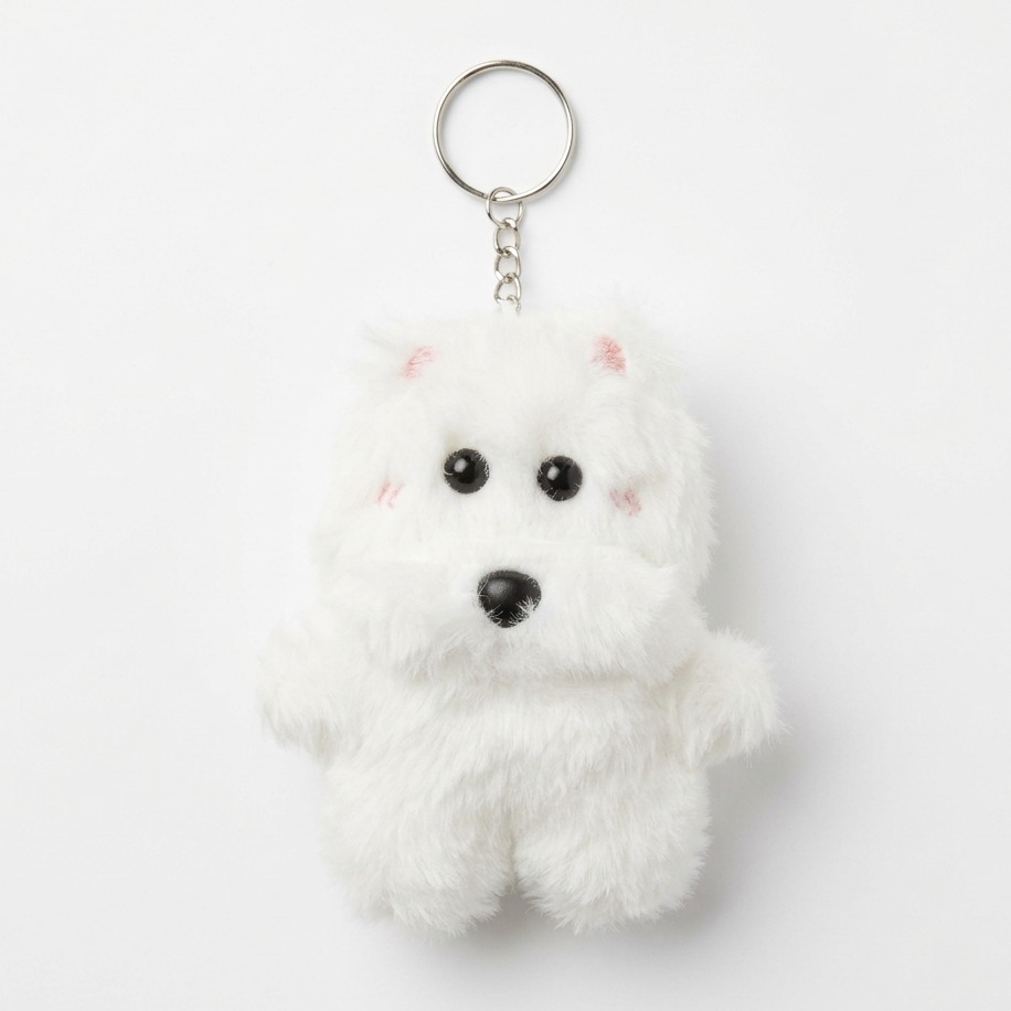 Givana fluffy puppy plush keychain with soft fur, adorable dog face, and small loop for attaching to keys or bags.