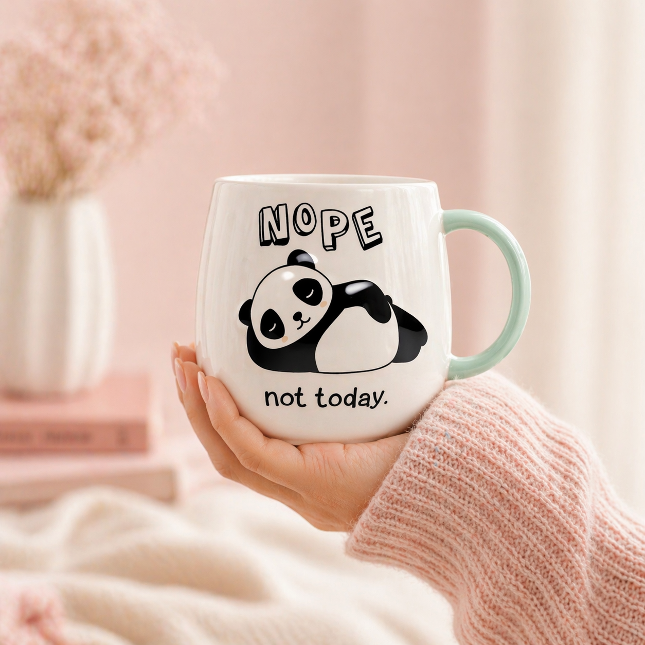 Givana panda "Nope" mug featuring a cute panda face design, perfect for coffee or tea, on a white ceramic mug.