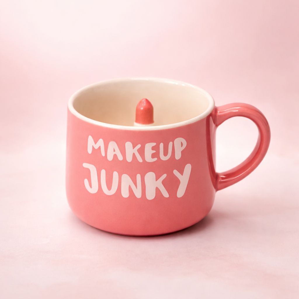 Givana Makeup Junky mug with bold lipstick and makeup brush illustration, featuring a statement design on a white ceramic mug.